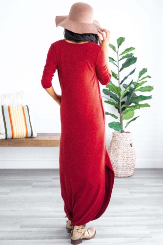 Red Pocketed Cotton Dress with Slit