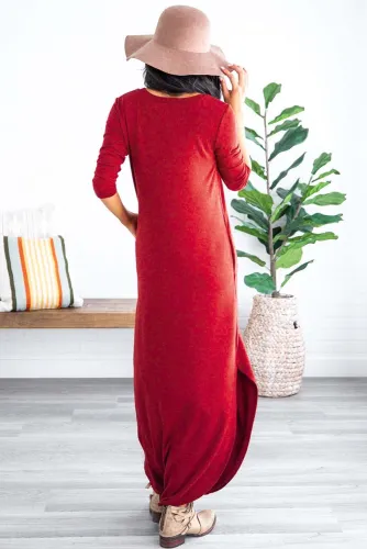Red Pocketed Cotton Dress with Slit