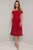 Red Off Shoulder Short Sleeve Crochet Party Dress