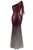 Red Gradient One Shoulder Sequin Party Evening Dress