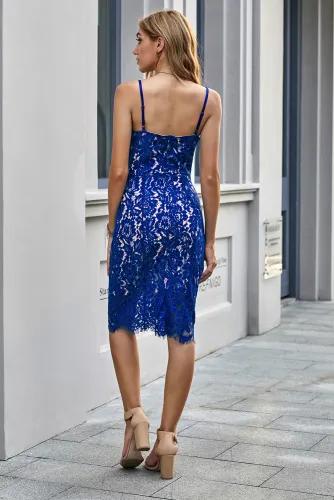 Blue Eyelash Lace Spaghetti Strap Midi Dress