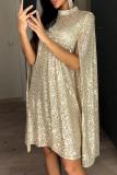 Apricot Glitter Mock Neck Cape Design Sequins Dress