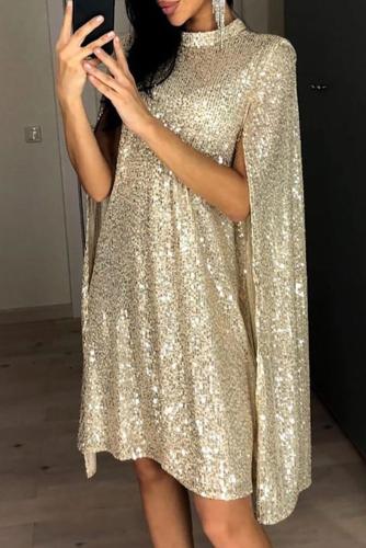 Apricot Glitter Mock Neck Cape Design Sequins Dress