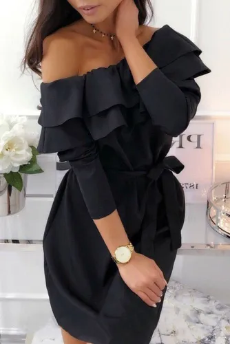 Black Double Frill Off Shoulder Long Sleeve Dress