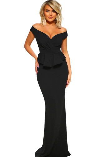 Black Cross Over Peplum Maxi Dress