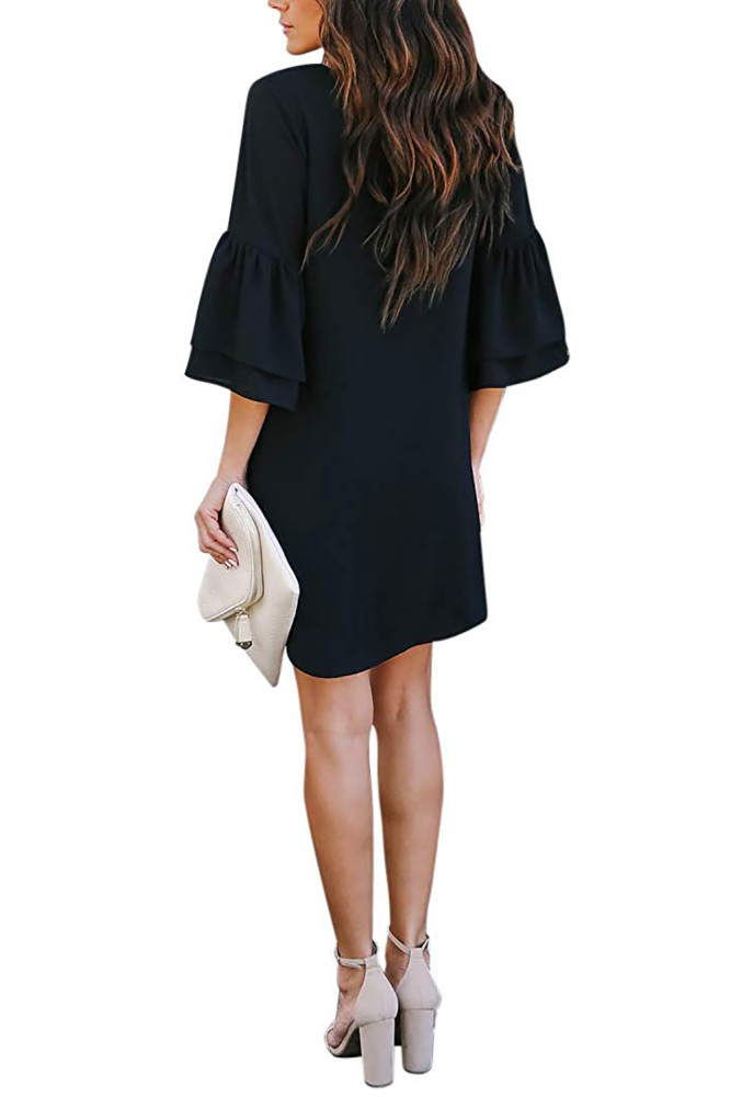 Black V Neck Buttoned Bell Sleeve Shift Shirt Dress