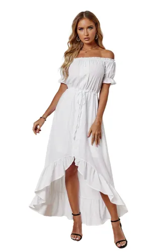 White Glaze High Low Off The Shoulder Maxi Dress