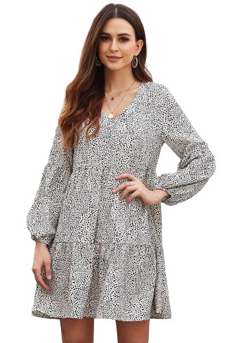 White Leopard Ruffle V-Neck Flowy Loose Tunic Dress