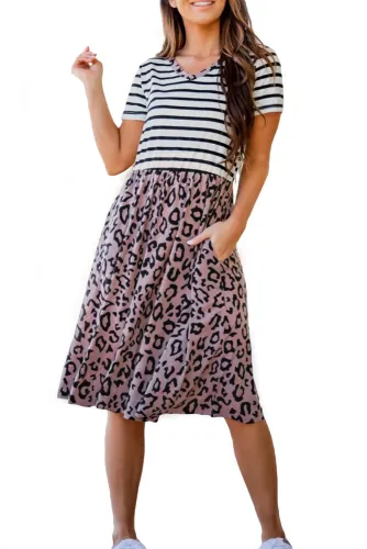 Striped Leopard Print Swing Dress