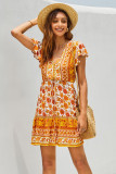 Orange Deep V High Waist Tie Short Ruffle Sleeve Mini Dress