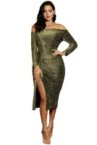 Green Off Shoulder Ruched Thigh High Slit Sequin Dress