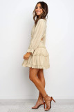 Beige V Neck Ruffle Detailing Open Back Dress