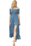 Blue Polka Dot Off Shoulder Split Maxi Dress