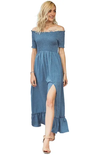 Blue Polka Dot Off Shoulder Split Maxi Dress