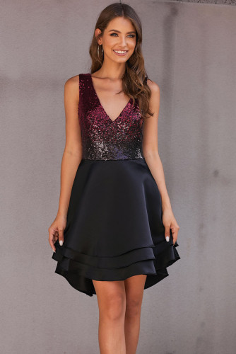 Red Ombre Sequin Multi Layer Skater Dress