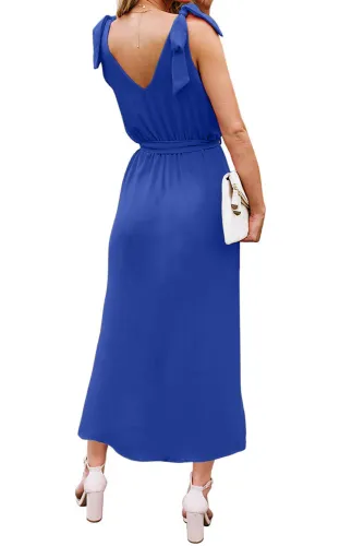 Blue Bowknot Shoulder Straps Jersey Dress with Belt
