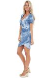 Sky Blue Tie Dye Bodycon Mini Dress with Front Tie