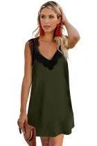 Green V Neck Lace Shoulder Sleeveless Mini Dress