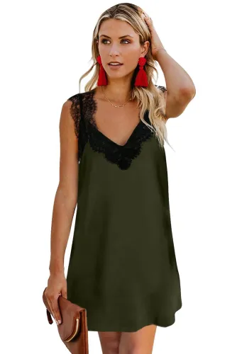 Green V Neck Lace Shoulder Sleeveless Mini Dress