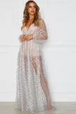 Silver Glittering Checked Pattern Sheer Gown