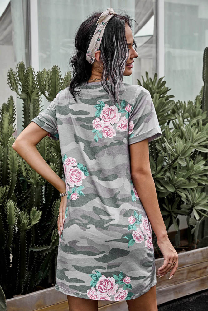 Crew Neck Camo Floral T-shirt Dress