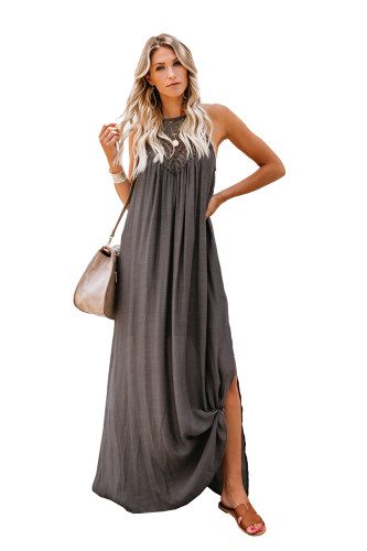 Olive Crochet Detail Linen Sleeveless Maxi Dress with Slits