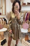V Neck Ruffle Design Gold Mini Dress