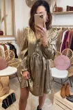 V Neck Ruffle Design Gold Mini Dress