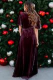 Wine Red Velvet Pleated Wrap Tie Waist Maxi Dress