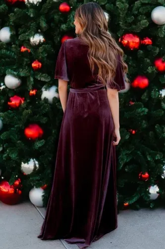Wine Red Velvet Pleated Wrap Tie Waist Maxi Dress