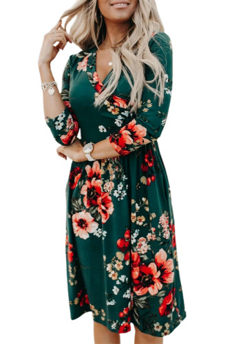 Green Floral 3/4 Sleeve Wrap Dress