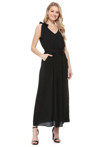Black Bowknot Shoulder Straps Jersey Dress with Belt