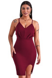 Red V Neck Slip Slit Dress