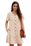 Beige Pocketed Buttoned Ruffle Dress