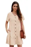 Beige Pocketed Buttoned Ruffle Dress