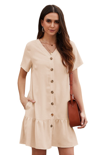 Beige Pocketed Buttoned Ruffle Dress