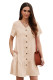 Beige Pocketed Buttoned Ruffle Dress