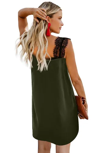Green V Neck Lace Shoulder Sleeveless Mini Dress