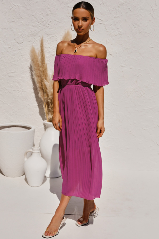 Purple Off-the-shoulder Pleated Tunic Chiffon Long Dress