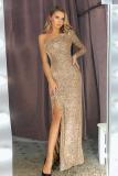 Apricot Fortune One Shoulder Front Slit Sequin Gown