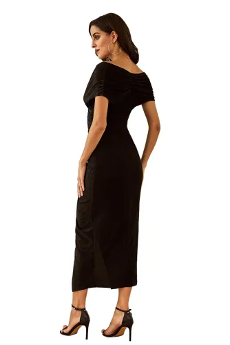 Black Glitter Off Shoulder Ruched Slit Party Dress
