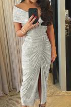 Gray Glitter Off Shoulder Ruched Slit Party Dress