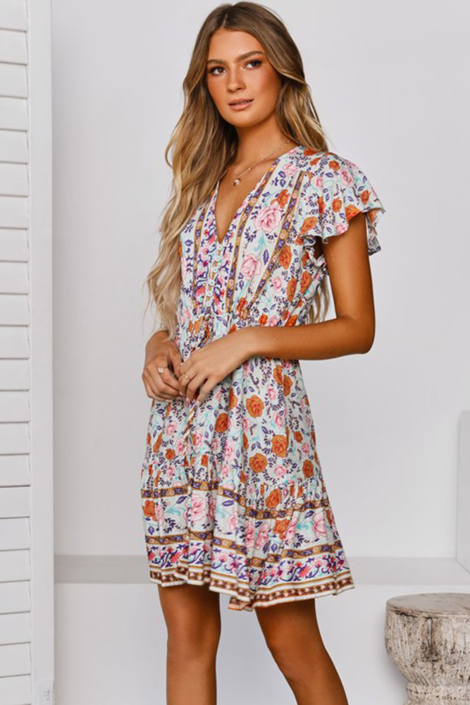 Multicolor Deep V High Waist Tie Short Ruffle Sleeve Mini Dress