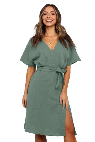 Sage Green Casual Kimono Style Midi Dress