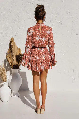 Hollow Out Neck Ruffled Layered Tiered Floral Print Mini Dress