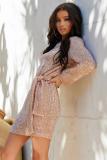 Apricot Sequin Belted Mini Dress