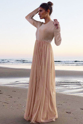 Long Sleeve Sequin Bodice Cocktail Wedding Party Maxi Dress
