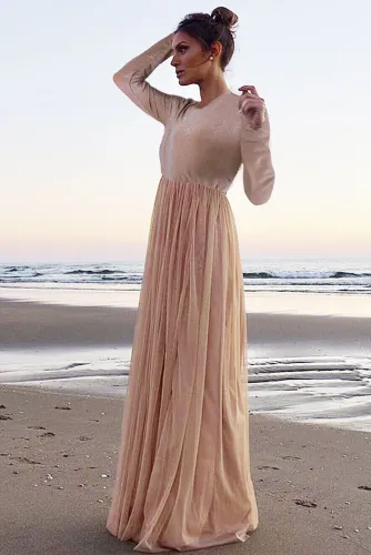 Long Sleeve Sequin Bodice Cocktail Wedding Party Maxi Dress