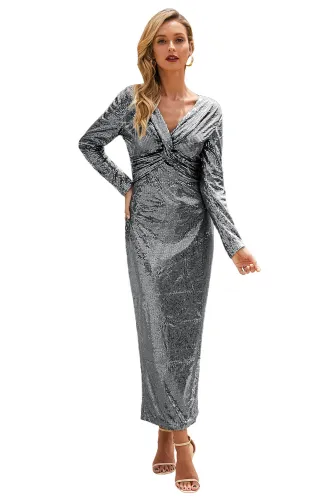 Silver Long Sleeve V Neck Twist Ruched Sequin Party Maxi Dress