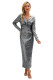 Silver Long Sleeve V Neck Twist Ruched Sequin Party Maxi Dress